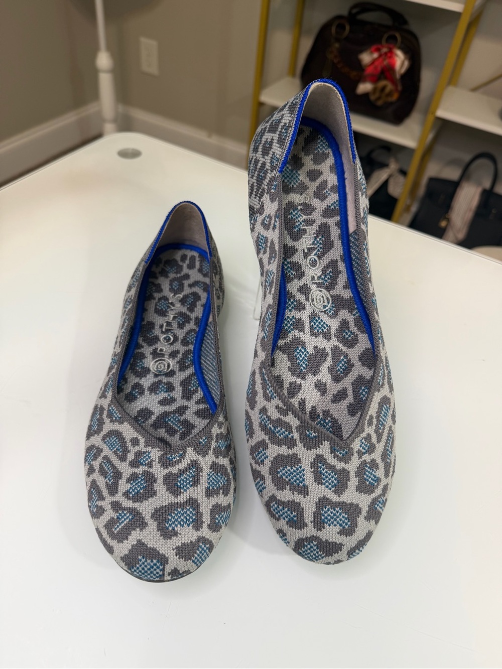 Rothy's Gray and Blue Leopard-Print Ballet Flats Size 10.5